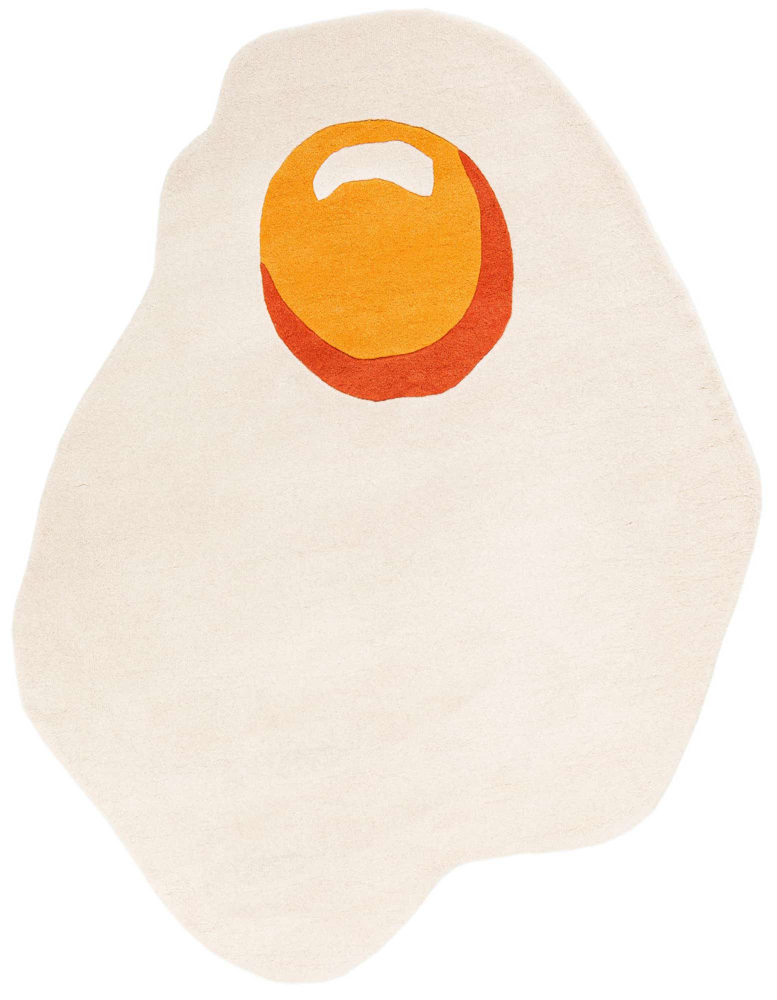 A playful 6'1" x 6'1" freeform rug shaped like a fried egg, with a white 'egg white' and a vibrant orange and red 'yolk' design, perfect for a child's room.