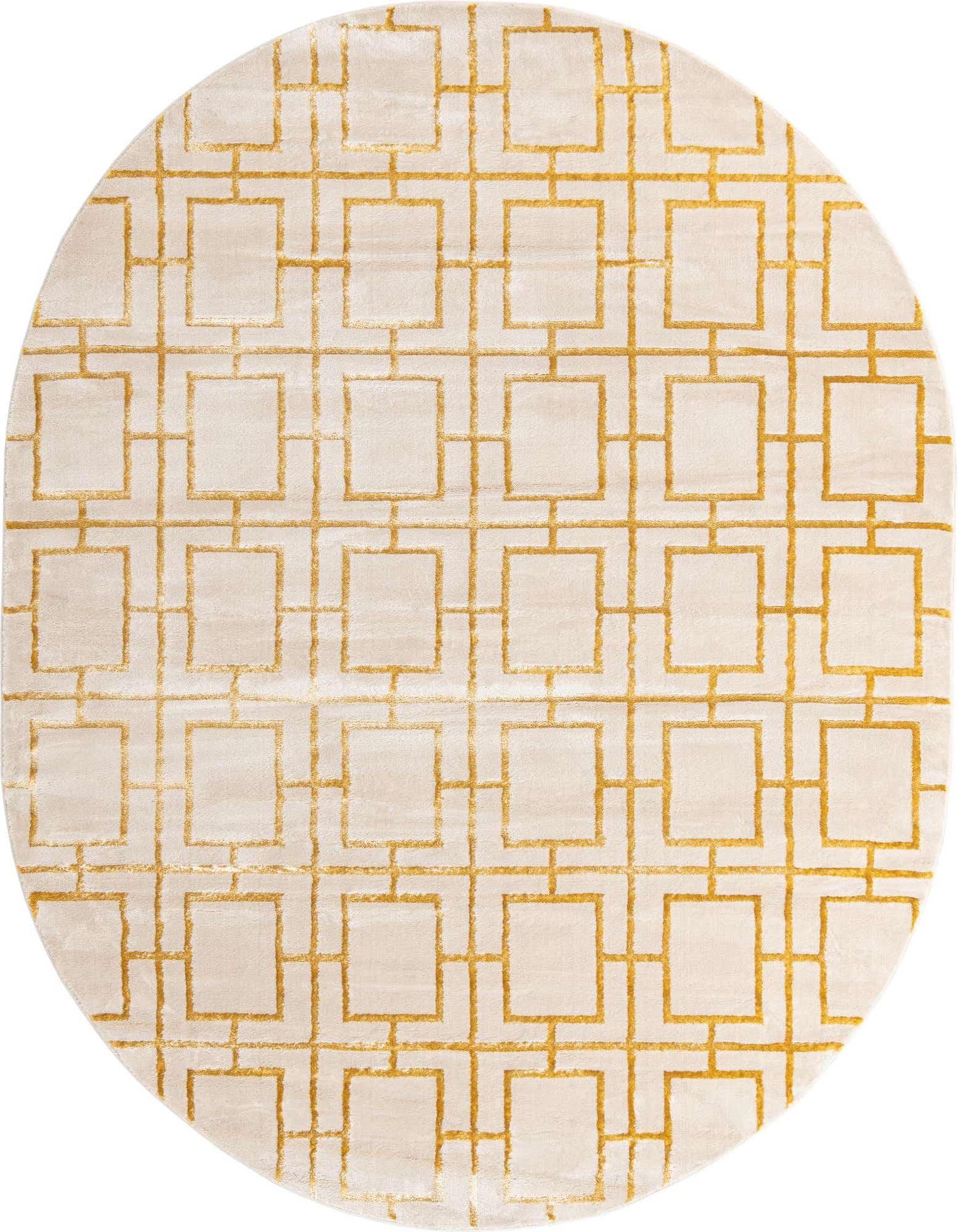 An oval 7' 10 x 10' 0 white rug with a shimmering gold modern trellis pattern, suitable for a living room.