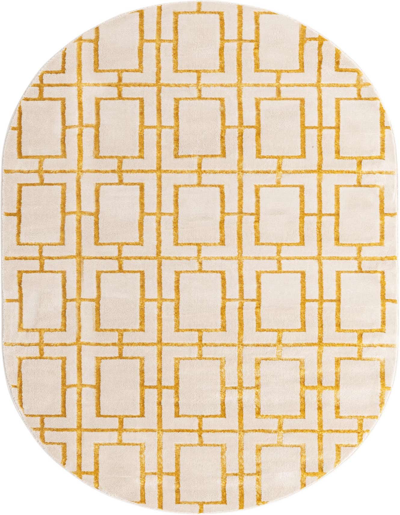 An oval 5'3" x 8'0" white area rug with a textured gold Hollywood glam trellis pattern, suitable for indoor spaces.