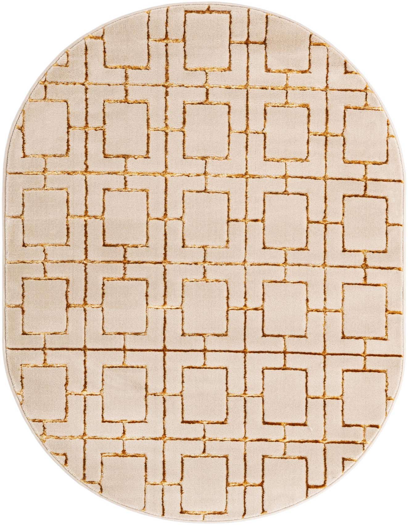 An oval 4'x6' white area rug with a raised gold trellis pattern, showcasing Hollywood Glam style.