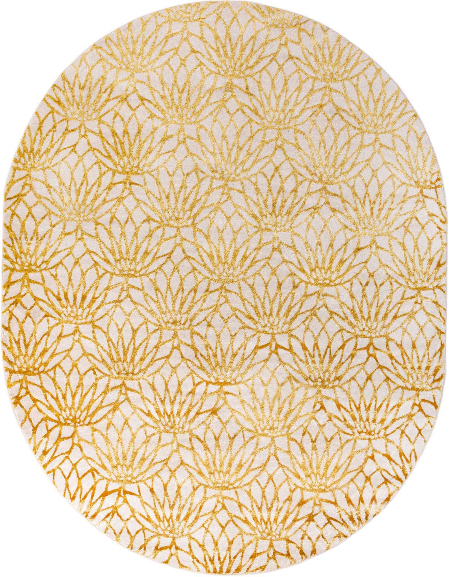 An oval white rug featuring a repeating gold floral trellis pattern, showcasing its Hollywood Glam style.