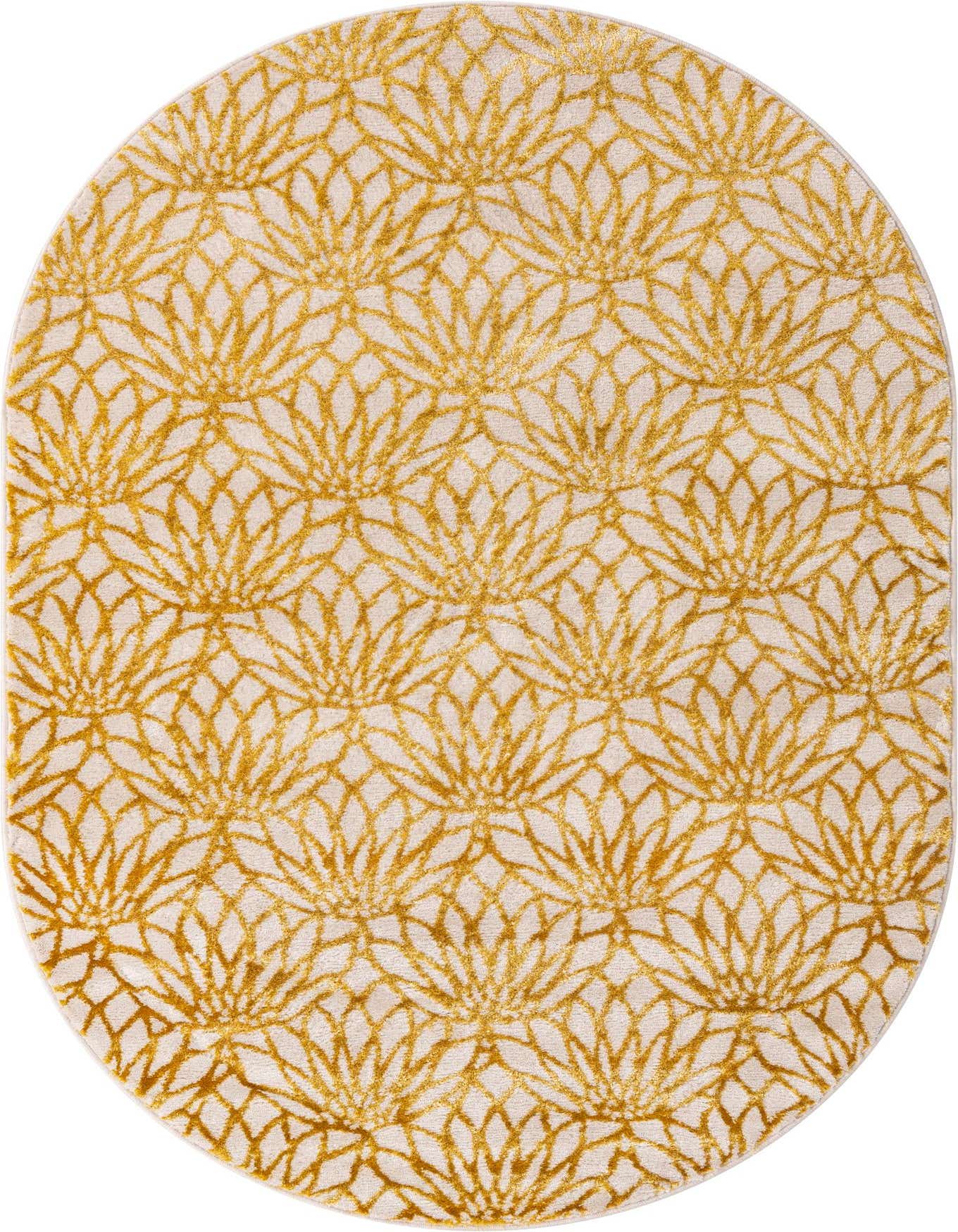 An oval 4'x6' white area rug with a repeating gold Hollywood Glam floral trellis pattern, featuring a textured pile.