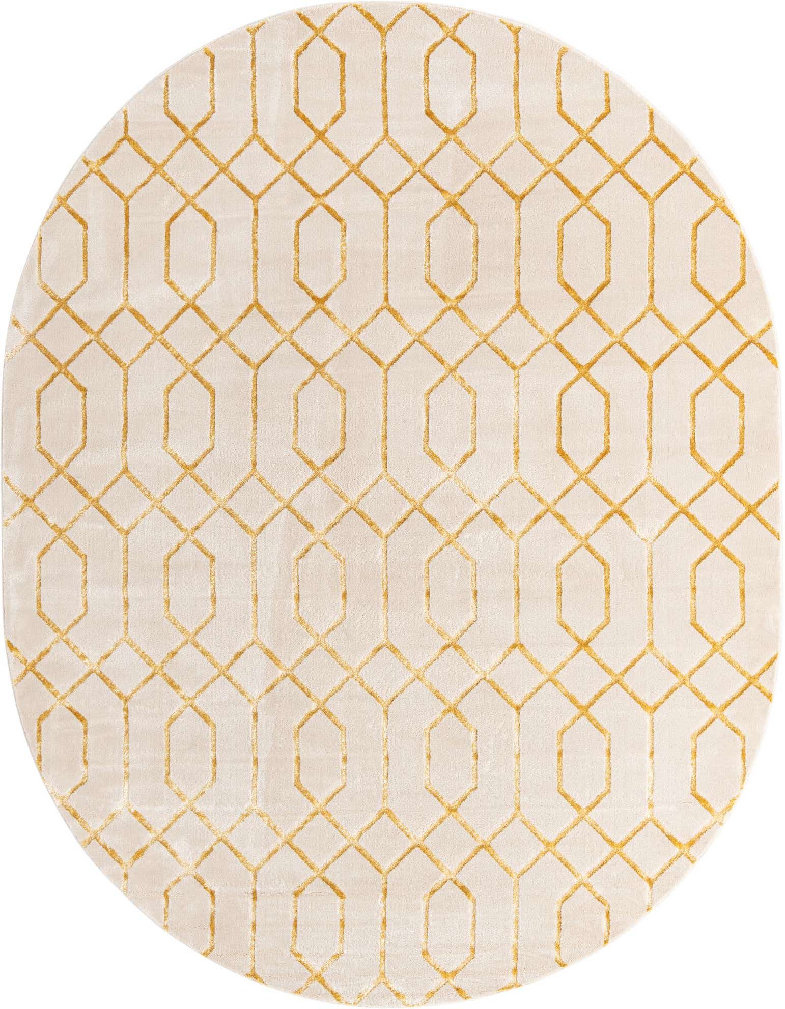 An oval 7' 10 x 10' 0 white area rug with a raised gold geometric trellis pattern, showcasing its modern Hollywood Glam style.