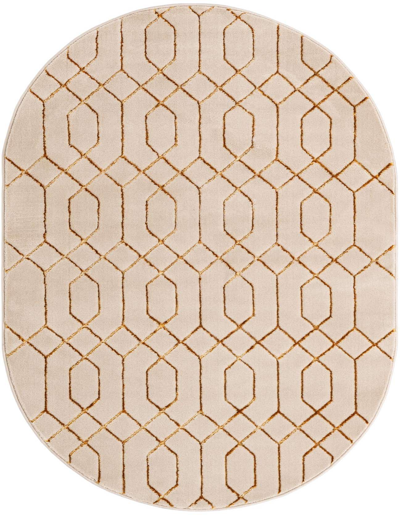 An oval 4' x 6' white Marilyn Monroe Glam Trellis rug with a raised gold geometric pattern, suitable for an indoor living room or bedroom.