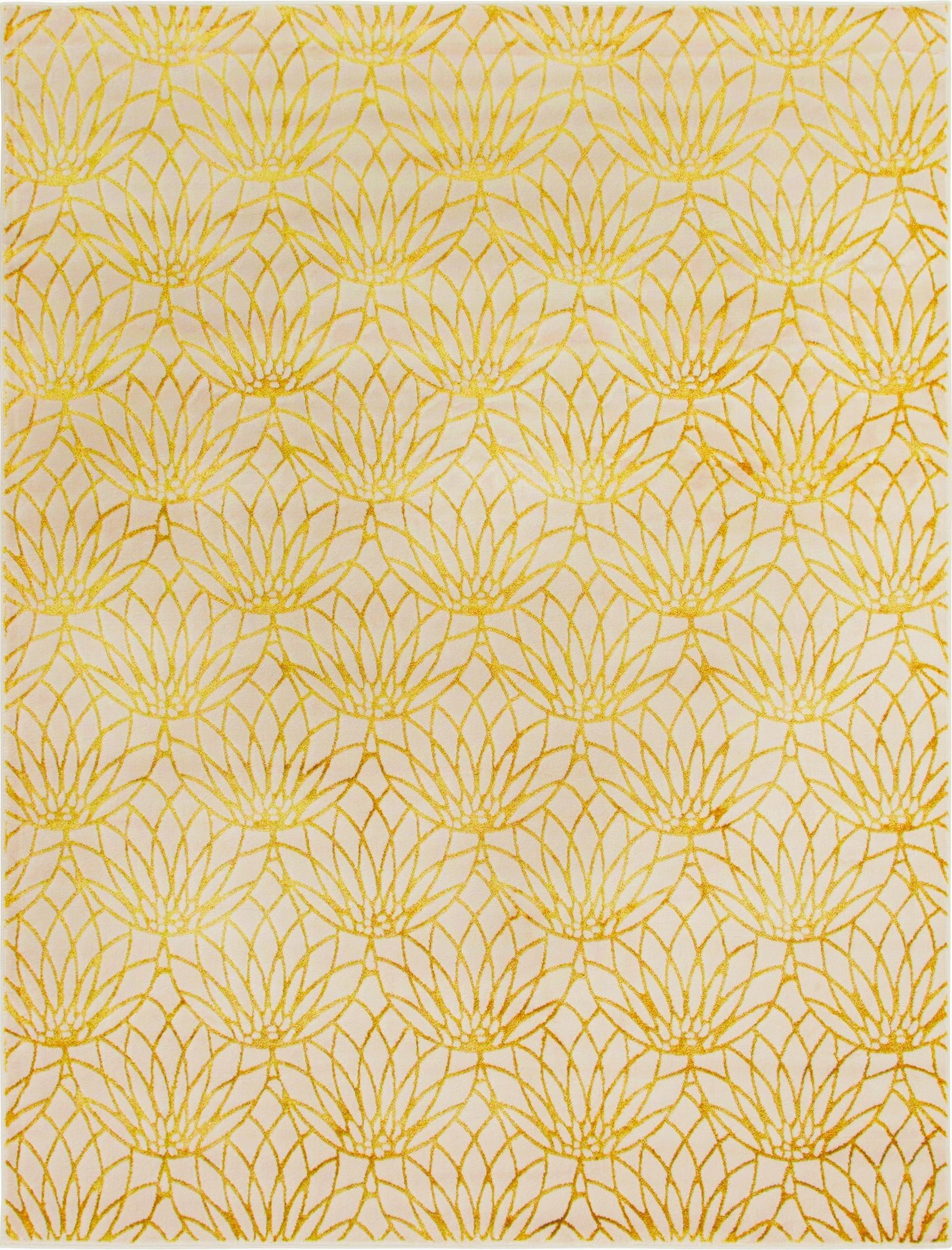 A rectangular 8x10 white area rug with a repeating gold Hollywood Glam floral trellis pattern, featuring a textured pile.