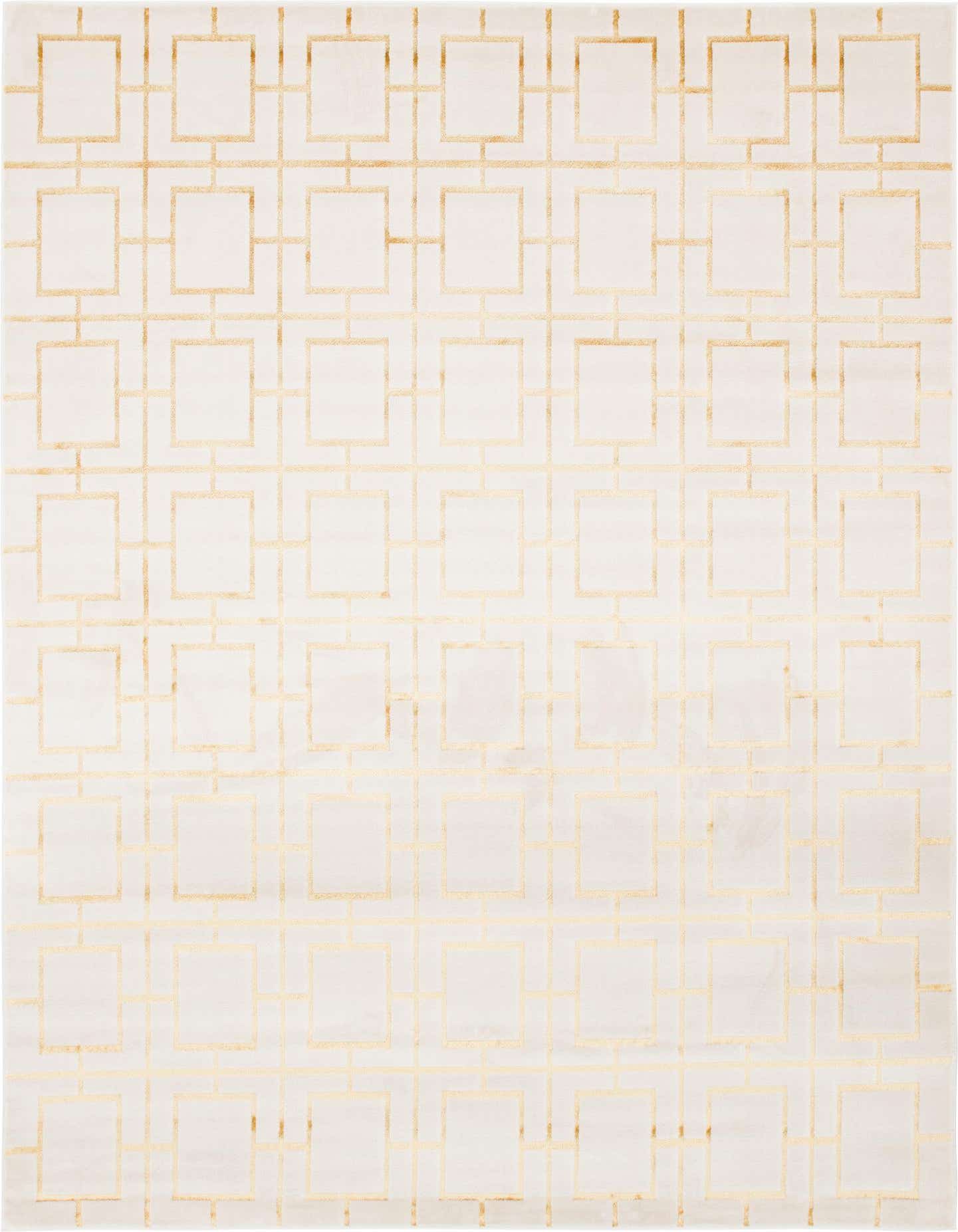 A 9x12 rectangular white area rug featuring a subtle gold trellis pattern, ideal for a living room or office.