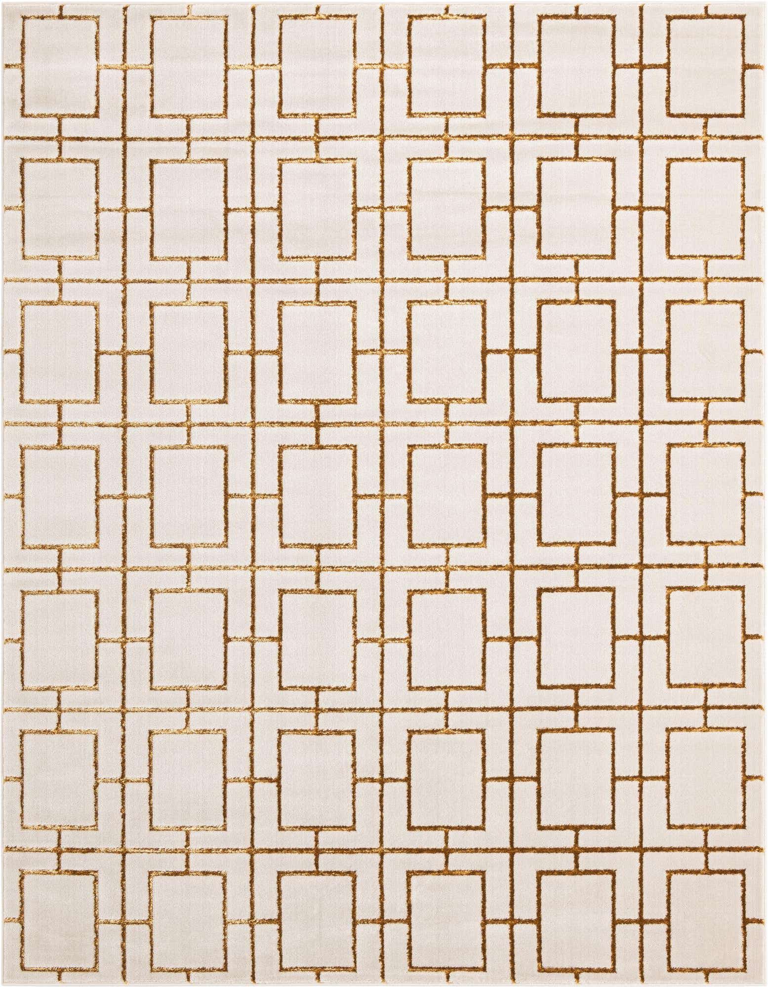 An 8x10 rectangular white area rug featuring a textured gold Hollywood Glam trellis pattern, perfect for a modern living room.