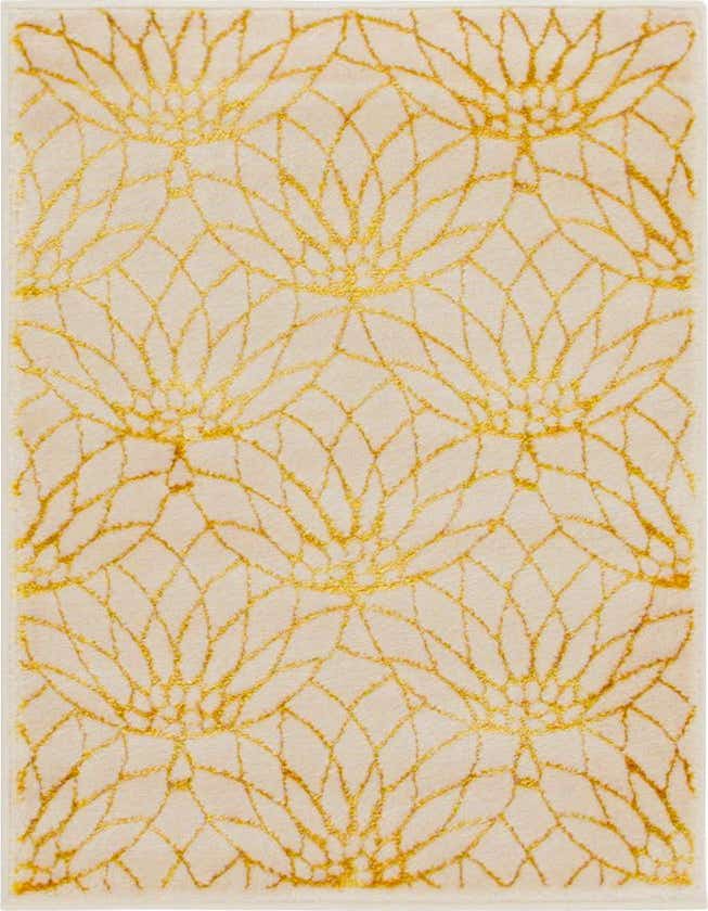 A 2x3 rectangular indoor rug featuring a textured white background with an elegant gold floral trellis pattern.