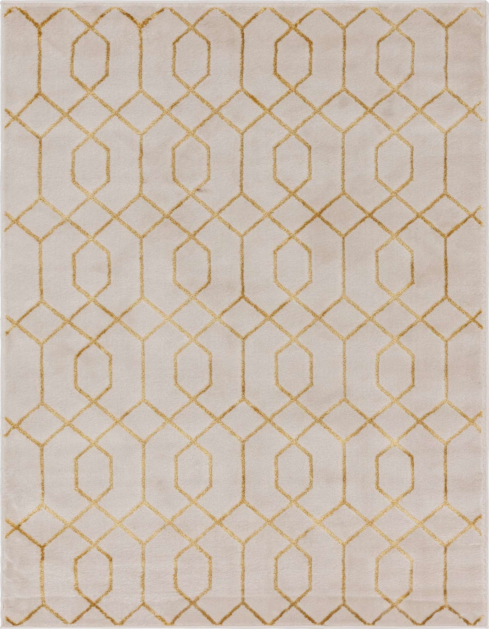 A 4x6 rectangular white rug with a shimmering gold Hollywood Glam trellis pattern, featuring a textured pile.