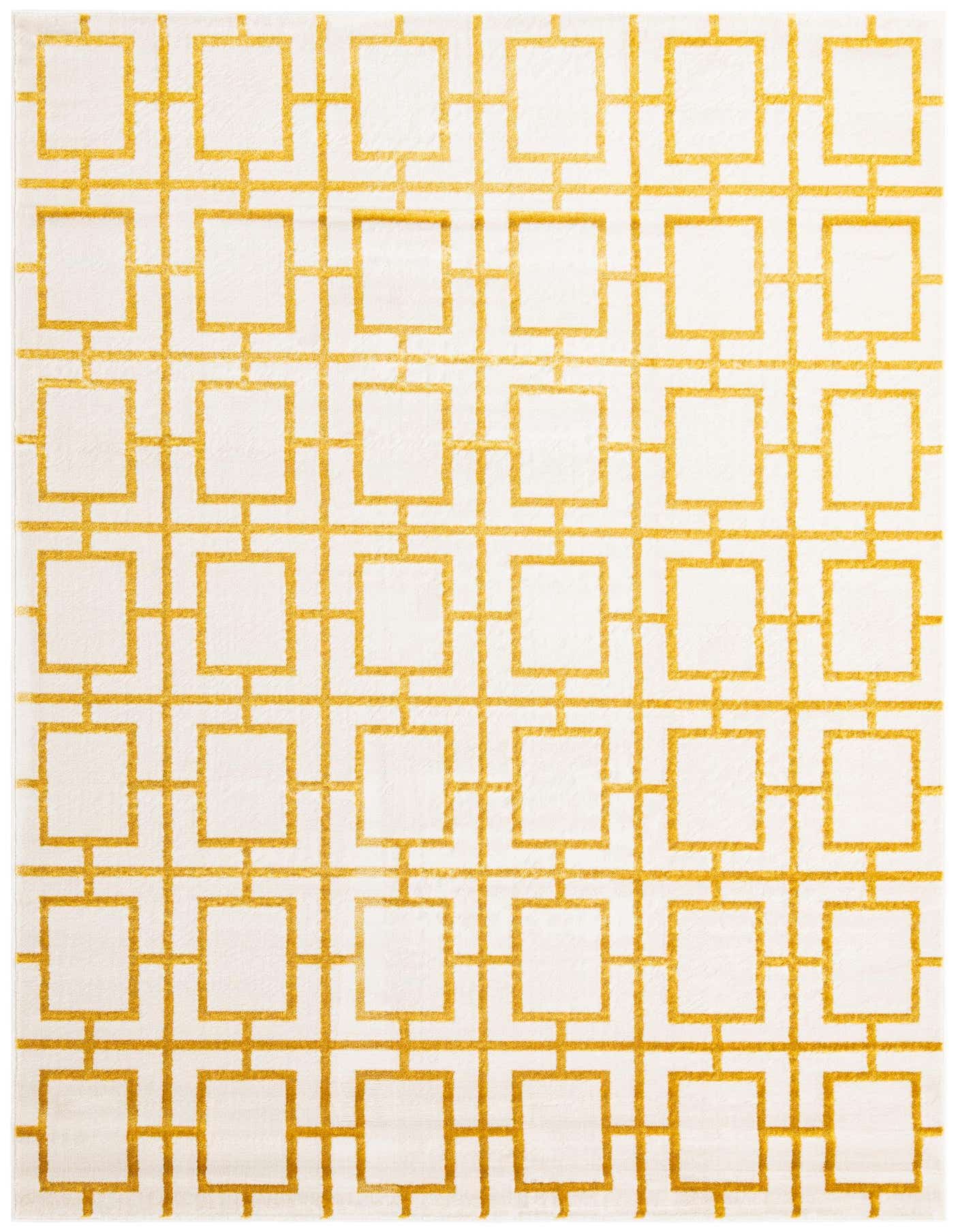 A 7x10 rectangular white area rug featuring a modern Hollywood Glam trellis pattern in gold, suitable for a living room or office.