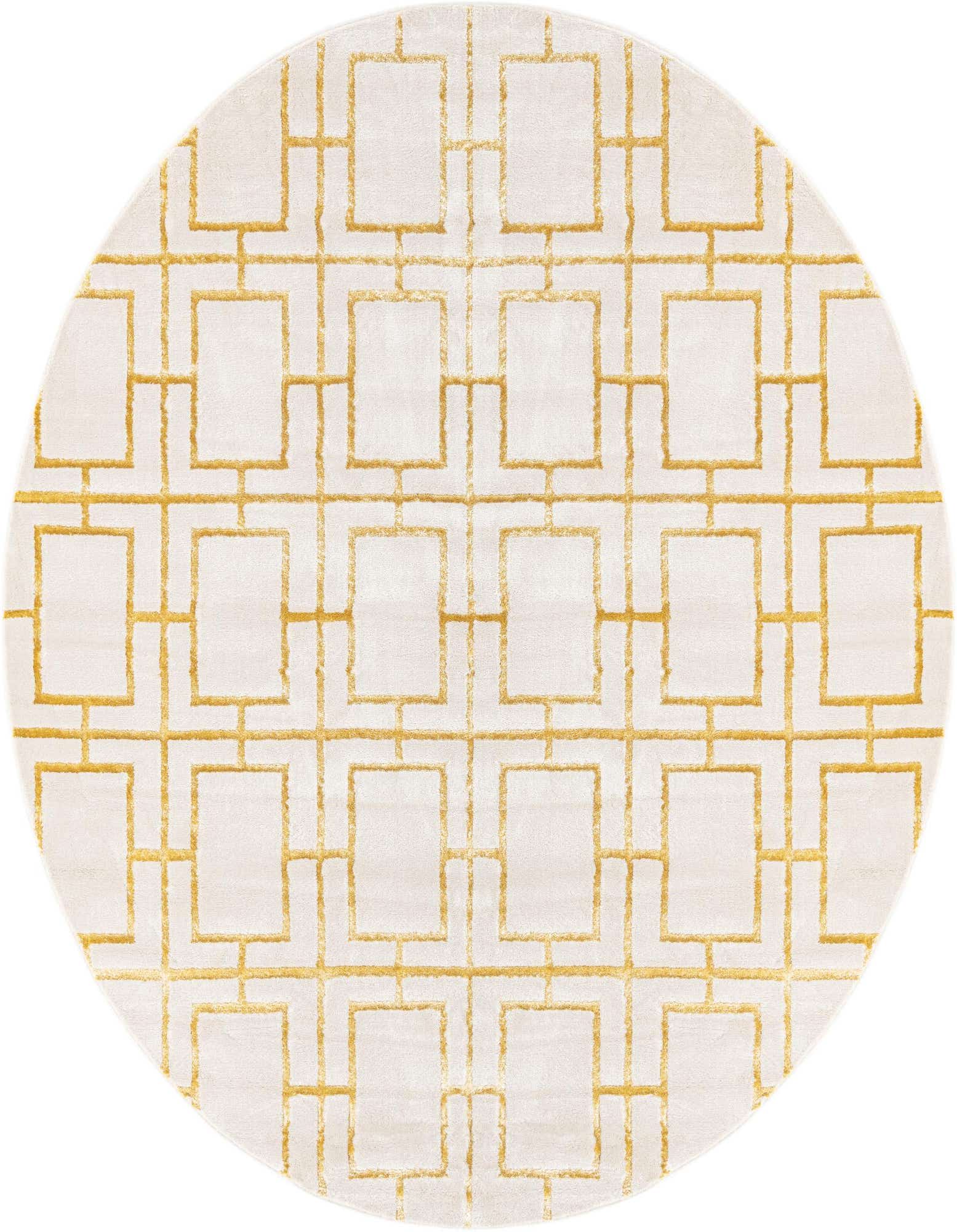 A round white rug with a gold Hollywood glam trellis pattern, featuring interconnected squares and lines.