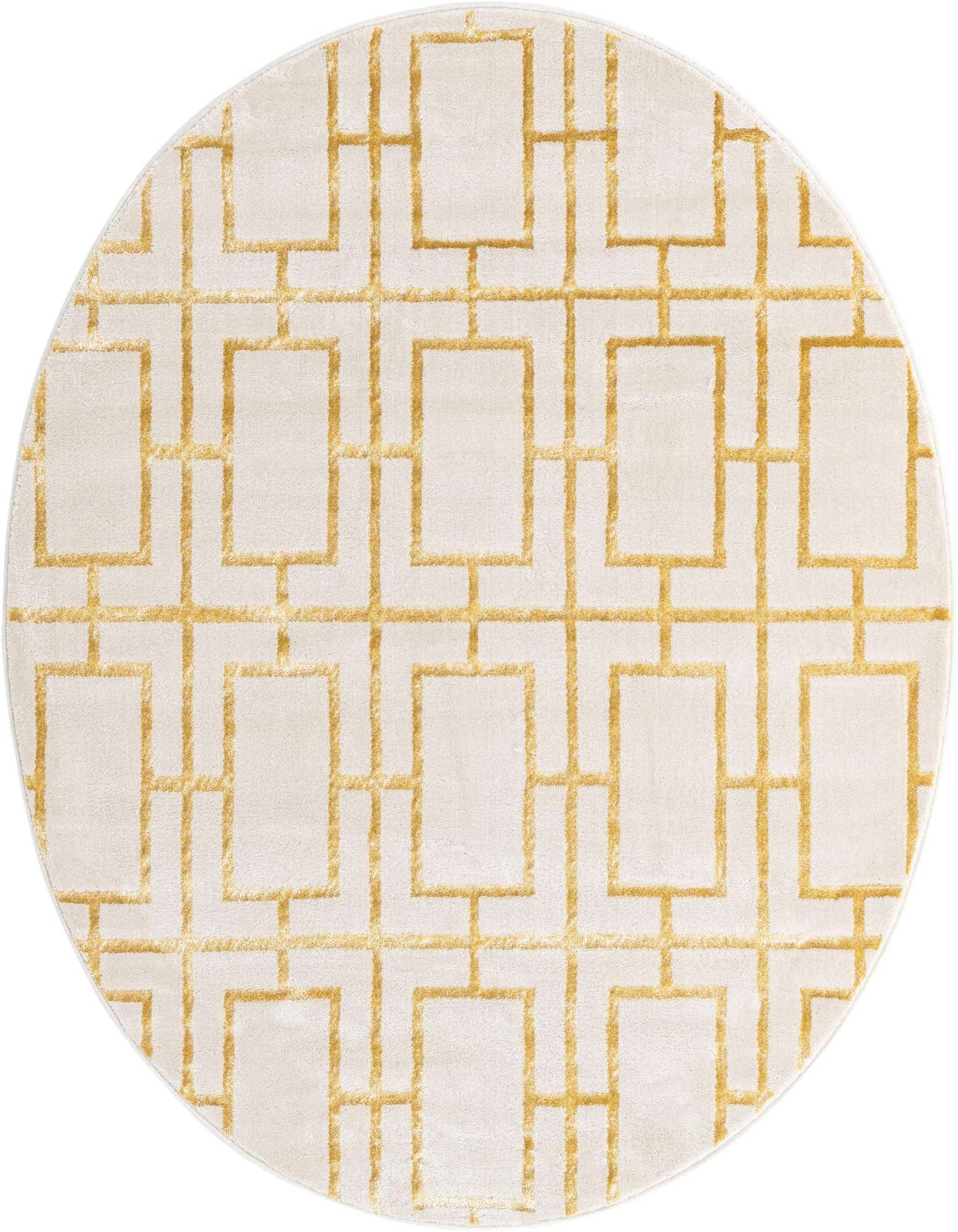 A round white rug with a raised gold trellis pattern, showcasing Hollywood Glam style.