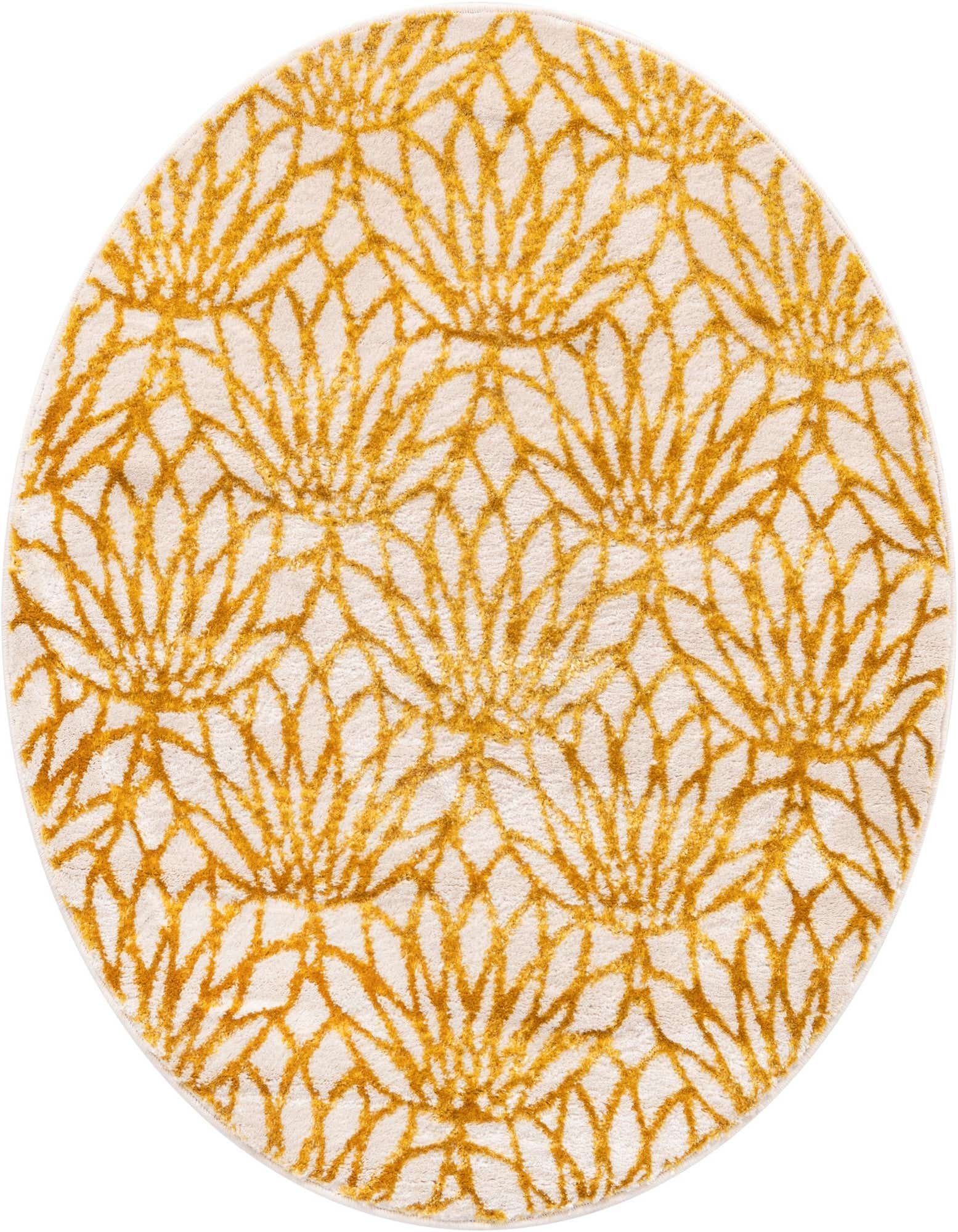 A 3' round white rug with a textured gold floral trellis pattern, perfect for adding Hollywood glam to an indoor space.
