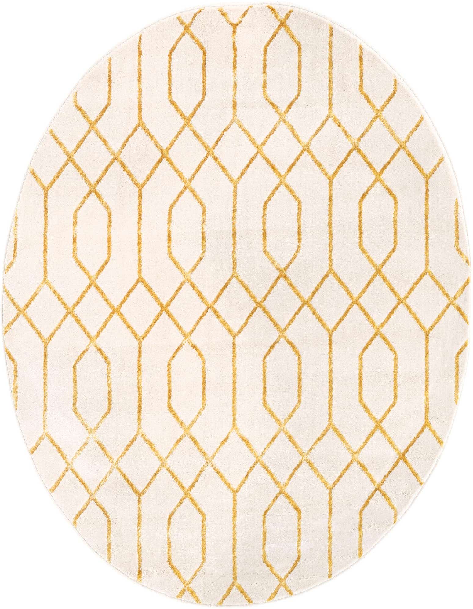 A round white rug with a gold Hollywood Glam trellis pattern, featuring a textured, high pile.