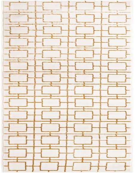 A 12 ft runner rug with a modern Hollywood Glam trellis pattern in white and textured gold, perfect for a hallway.