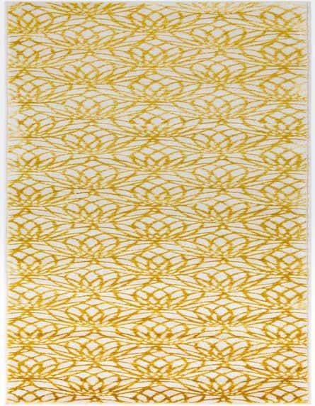 A 12 ft runner rug with a repeating gold floral trellis pattern on a white background, perfect for a hallway.