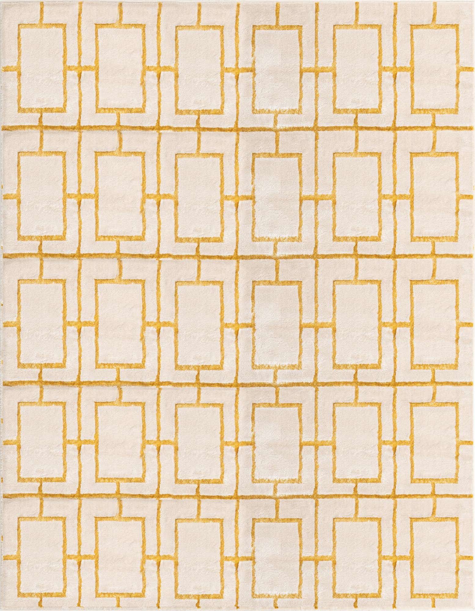 A square white area rug with a textured, high pile, featuring a repeating gold trellis pattern.