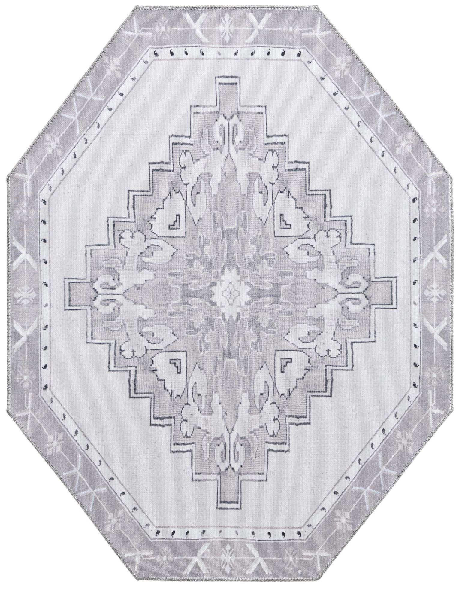 A 5'x5' white and gray octagon rug with a vintage oriental medallion pattern and a decorative border.