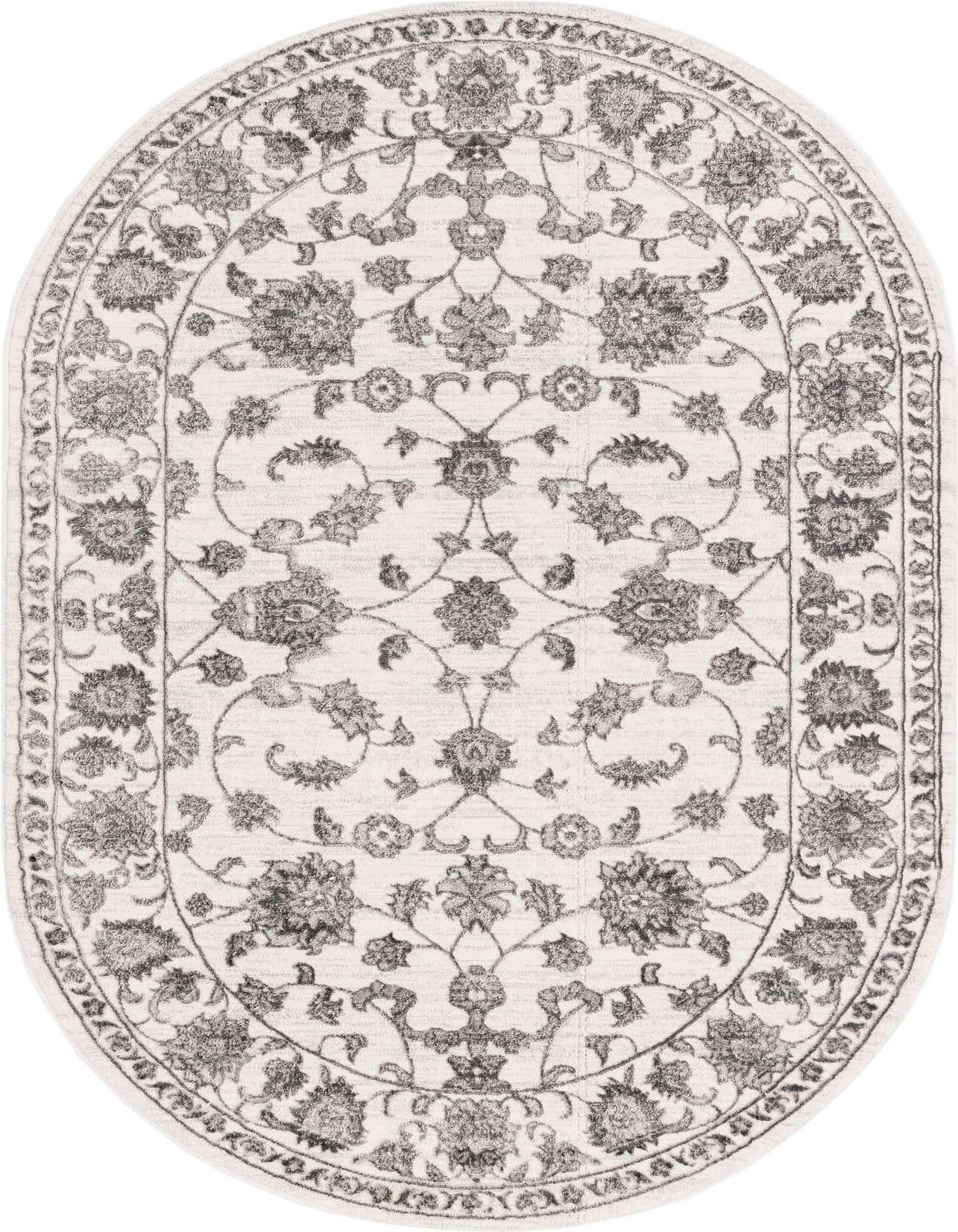 An oval 5'3" x 8'0" white and gray traditional botanical rug with a textured pile and intricate floral patterns.