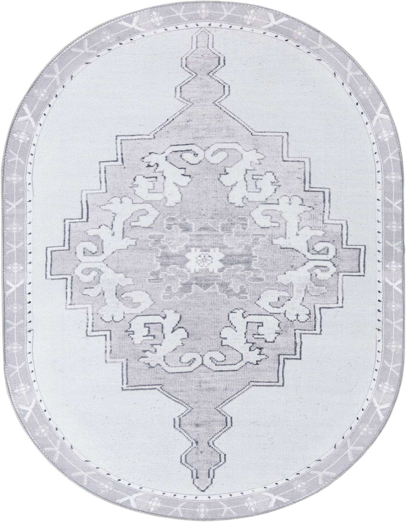 A 4'x6' oval white and gray vintage oriental rug with a central medallion design and decorative border.