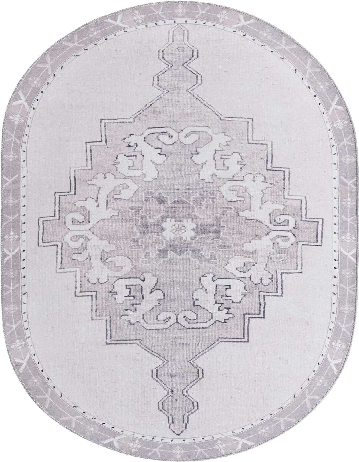 An oval 5'x8' white and gray vintage medallion rug with a decorative border, suitable for various indoor spaces.