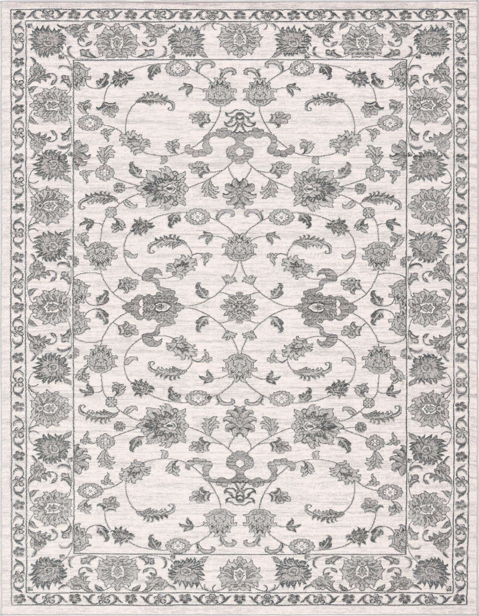 A 9x12 rectangular white and gray traditional area rug with an intricate botanical floral pattern and decorative border.