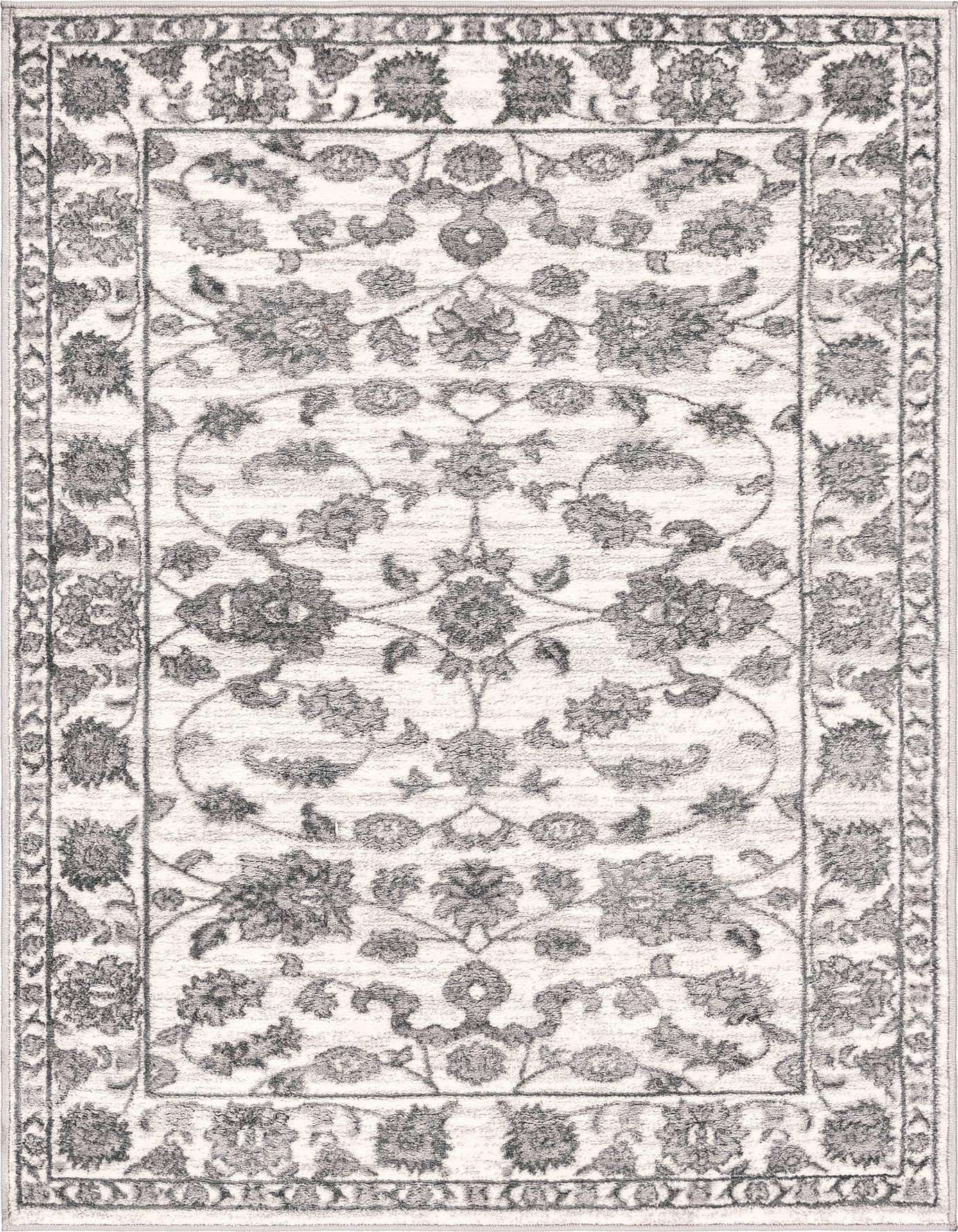 A 4x6 rectangular white and gray traditional area rug with an intricate botanical floral pattern and decorative border.