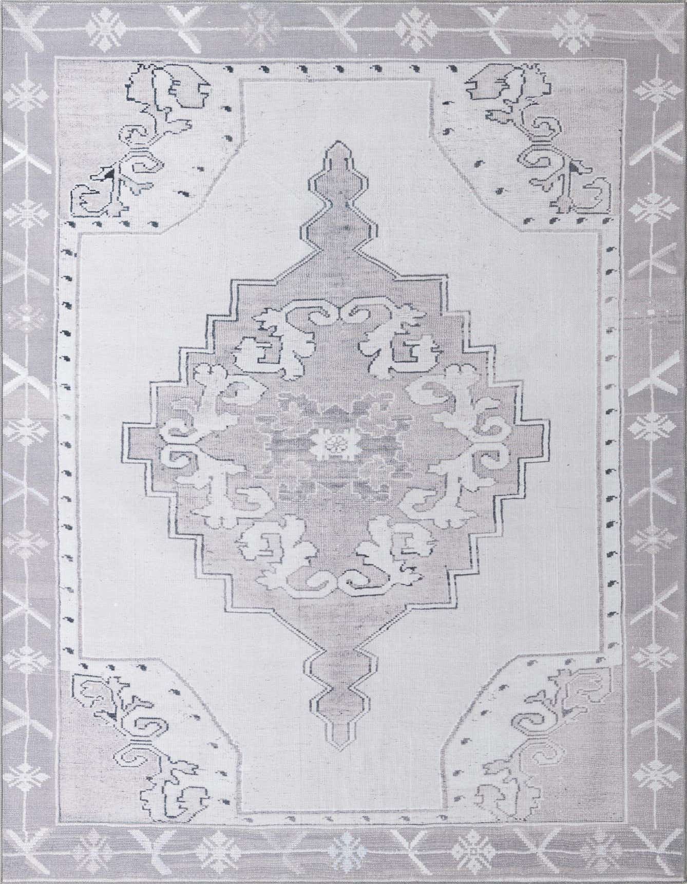 A rectangular 8x12 white and gray vintage oriental rug with a central medallion and ornate border.