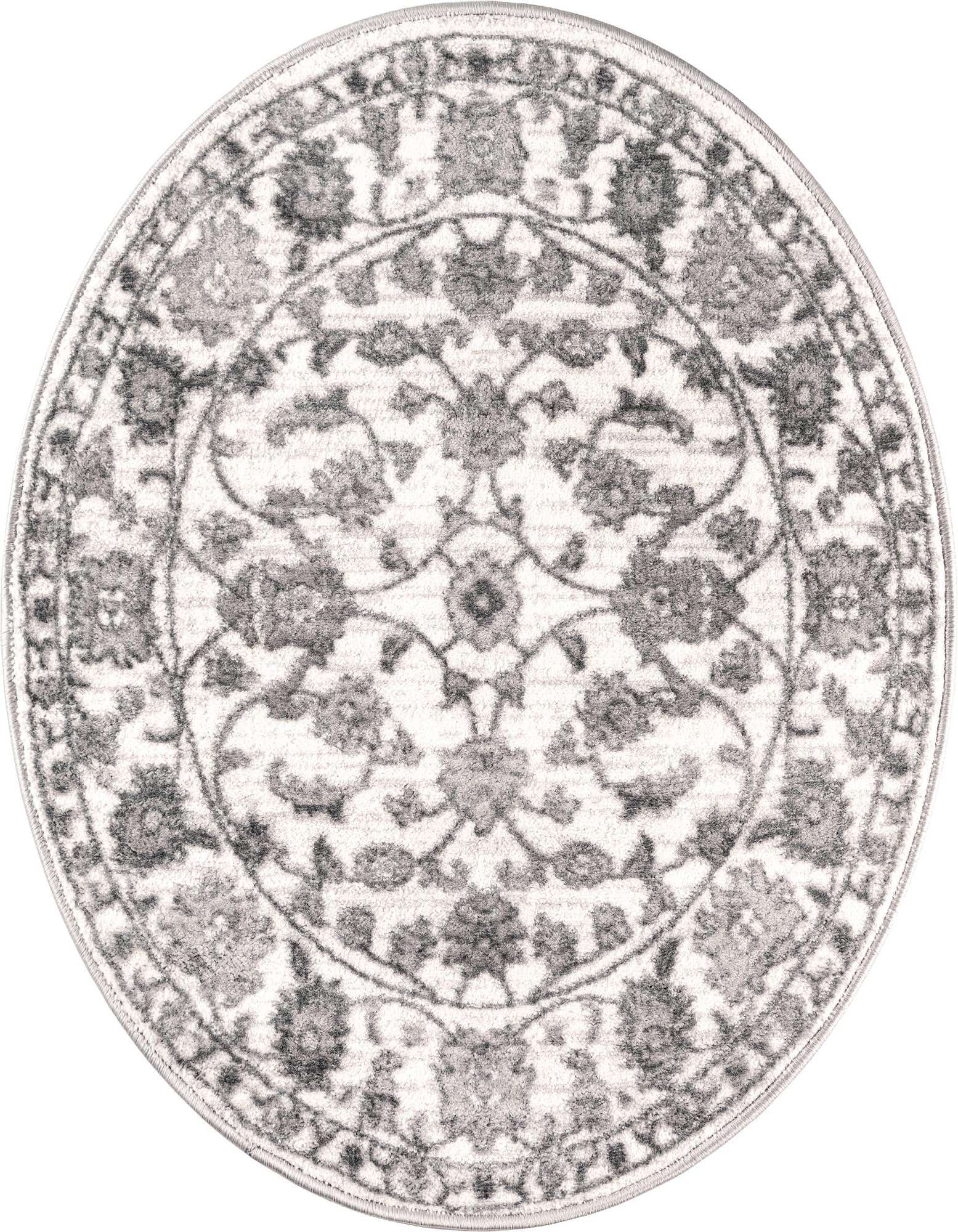 A round 3' 3" white and gray traditional rug with a botanical floral pattern and textured pile.