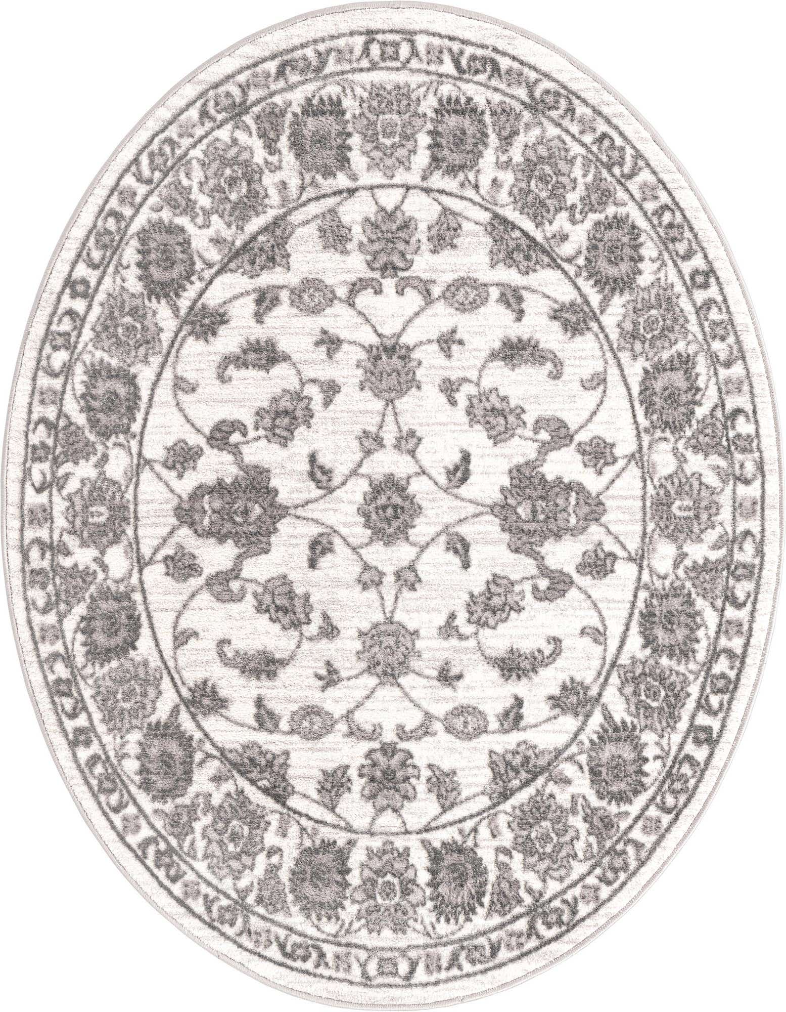 A 5' round white and gray traditional rug with a botanical floral pattern and decorative border.