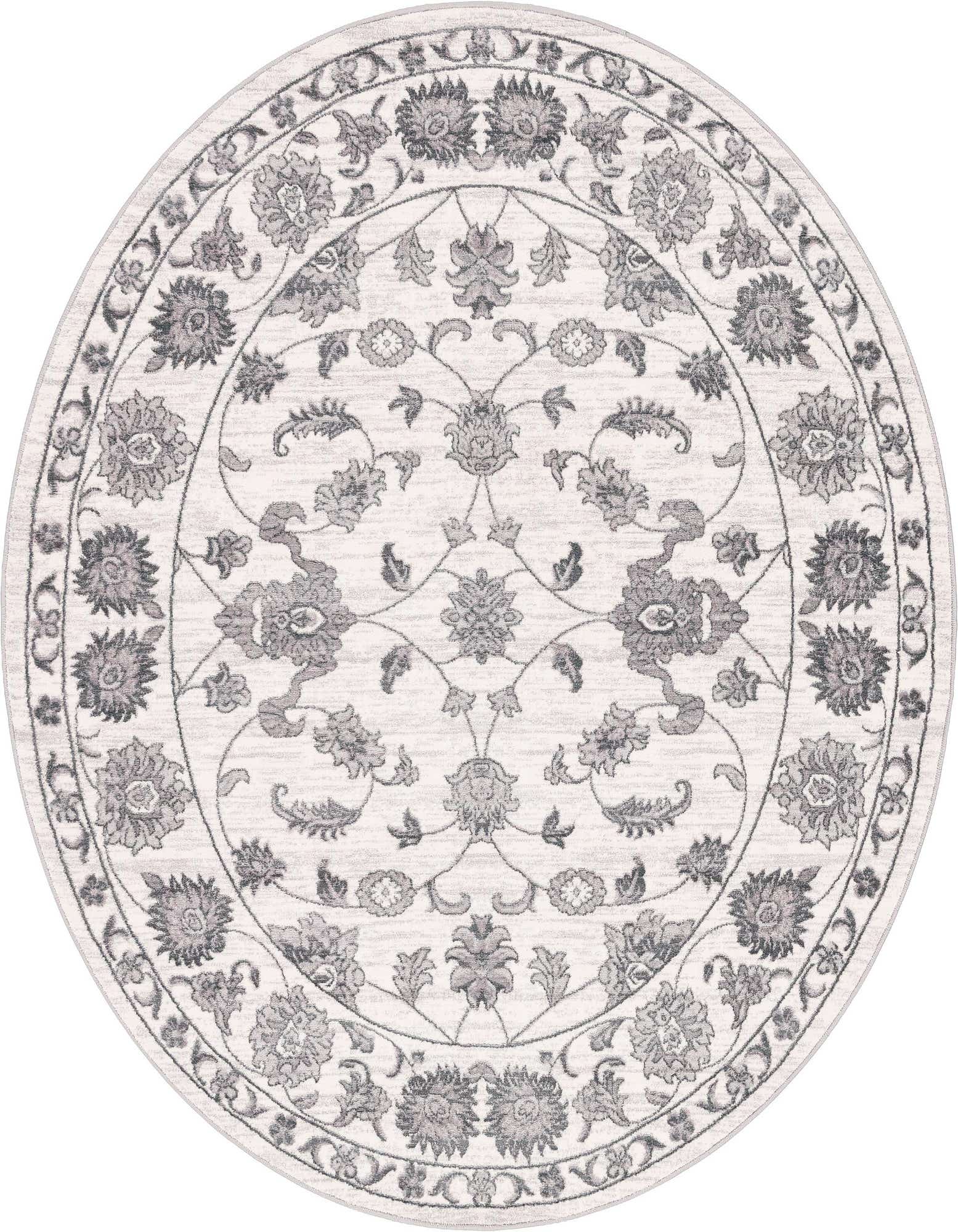 A 7' 10 round white and gray traditional rug with a detailed botanical floral pattern and textured pile.