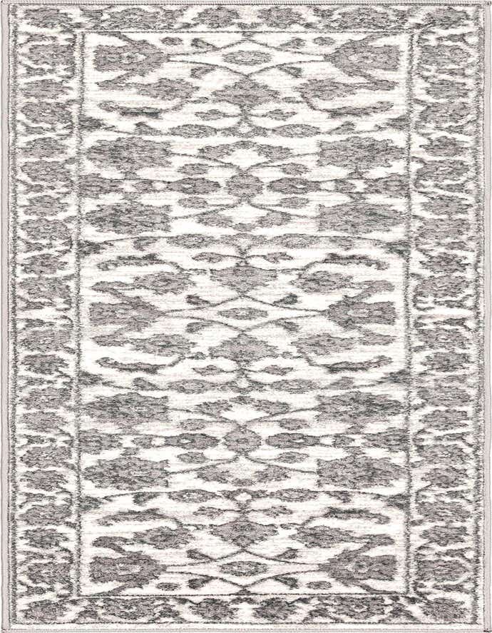 A 6 ft runner rug with a traditional white and gray botanical pattern, ideal for hallways.