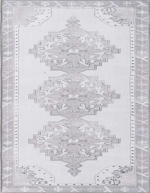 White and gray vintage runner rug with an ornate medallion pattern, ideal for a hallway.