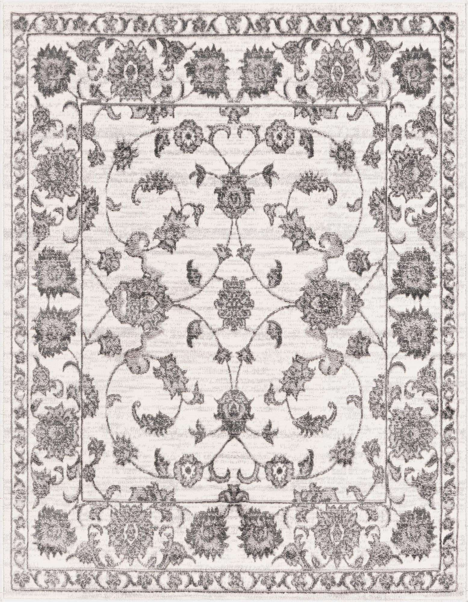 White and gray square rug with a traditional floral botanical pattern and ornate border, ideal for indoor spaces.