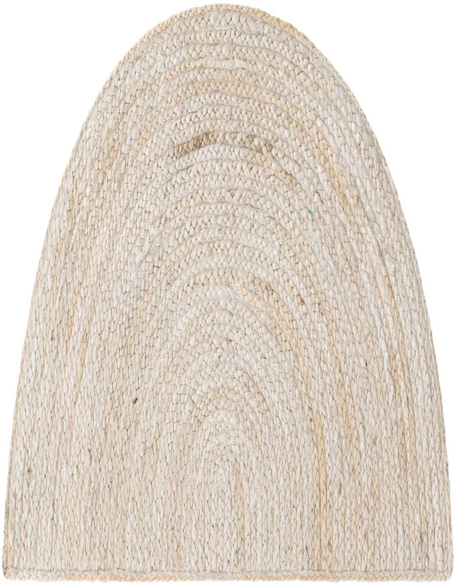 A 2' 2 x 3' 7 hearth-shaped natural white braided jute rug with a textured, minimalist design.