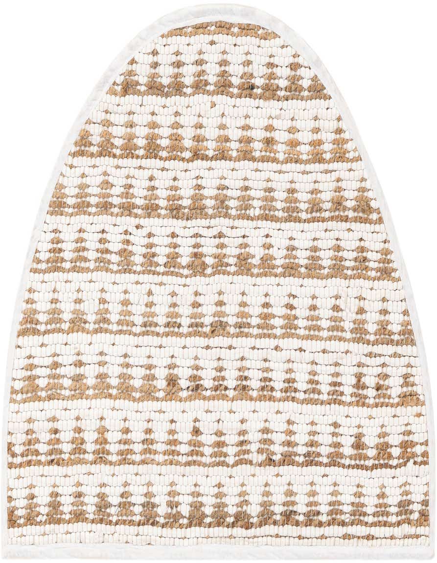 A 2' 2 x 3' 7 hearth-shaped rug featuring a natural jute and white denim woven pattern, ideal for indoor spaces.