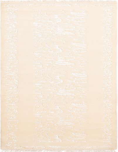 A 13 ft runner rug in white ivory, featuring a raised modern oriental floral pattern and fringe.