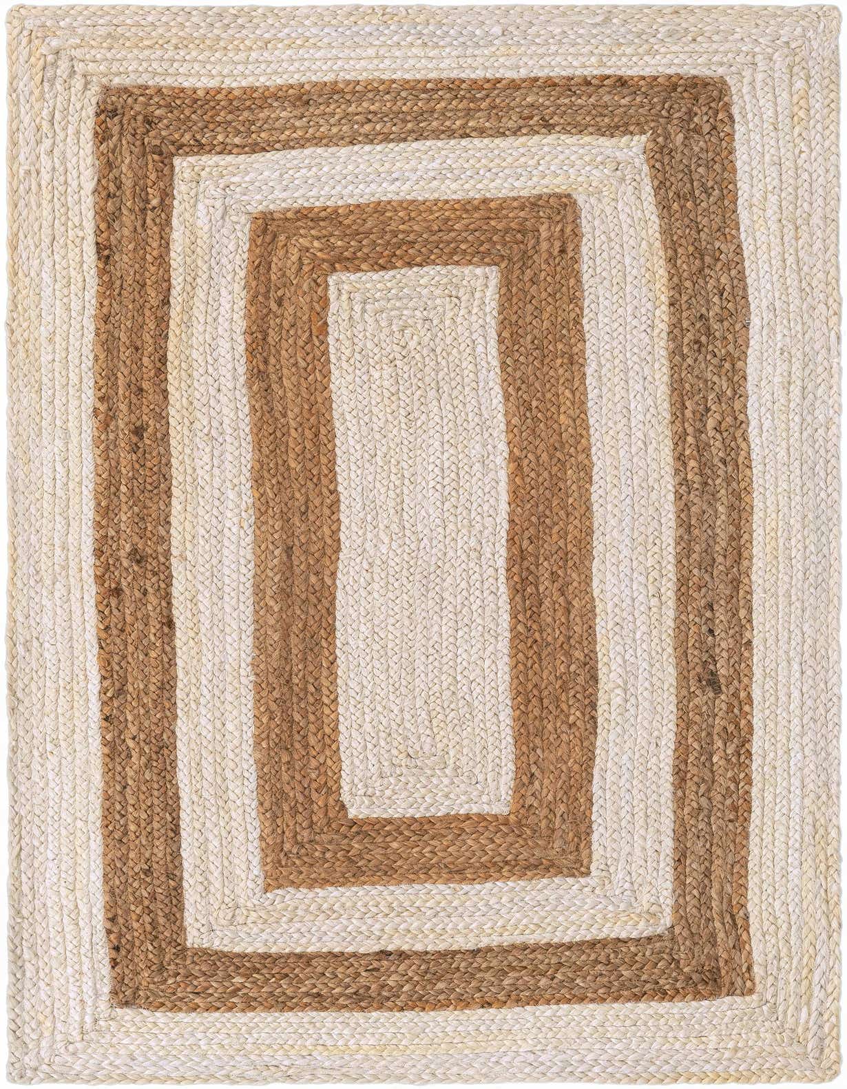 A 3x5 rectangular braided jute rug featuring alternating bands of natural brown and white, creating a striped border design.