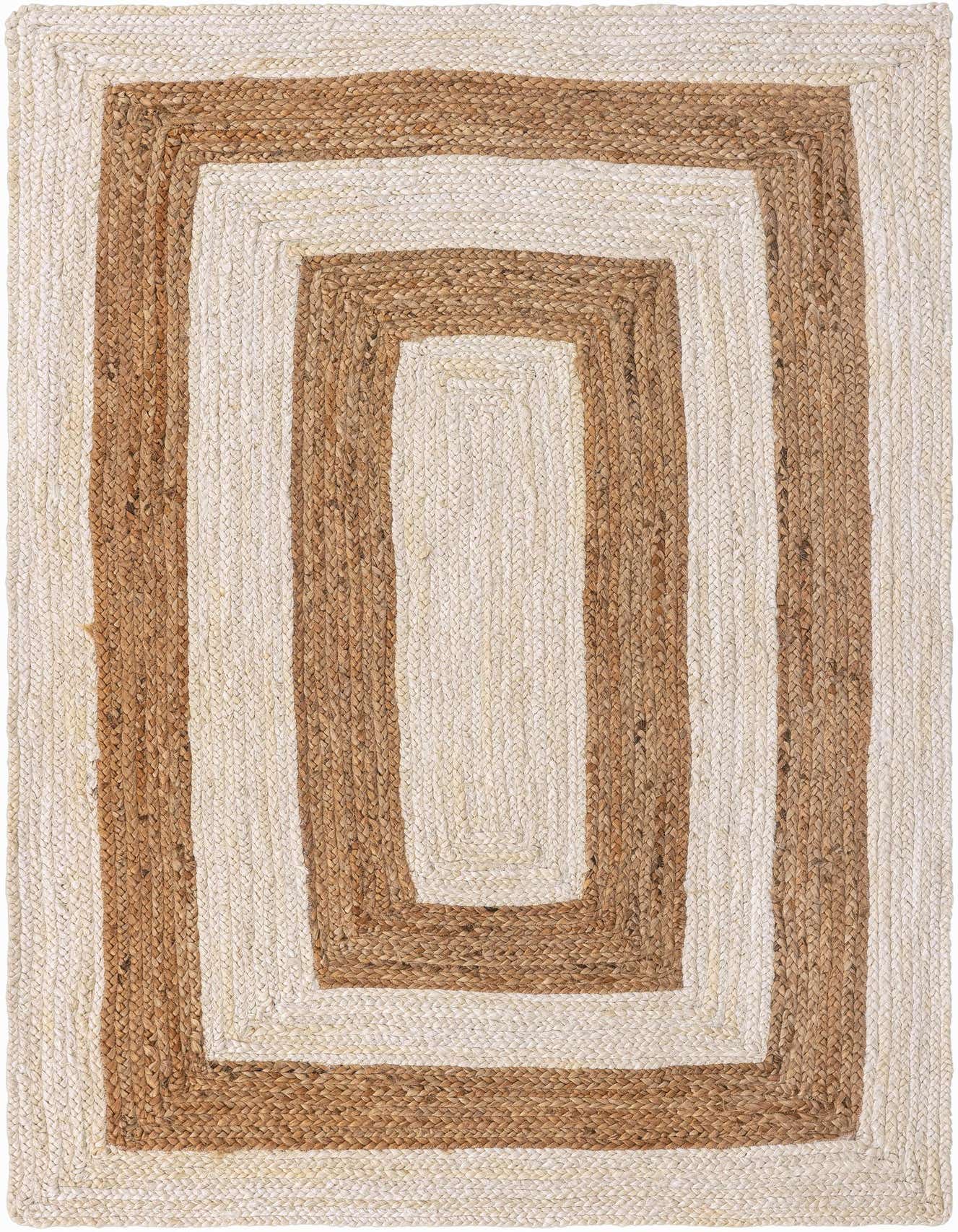 A 4x6 rectangular braided jute rug with alternating white and natural brown concentric rectangular bands.