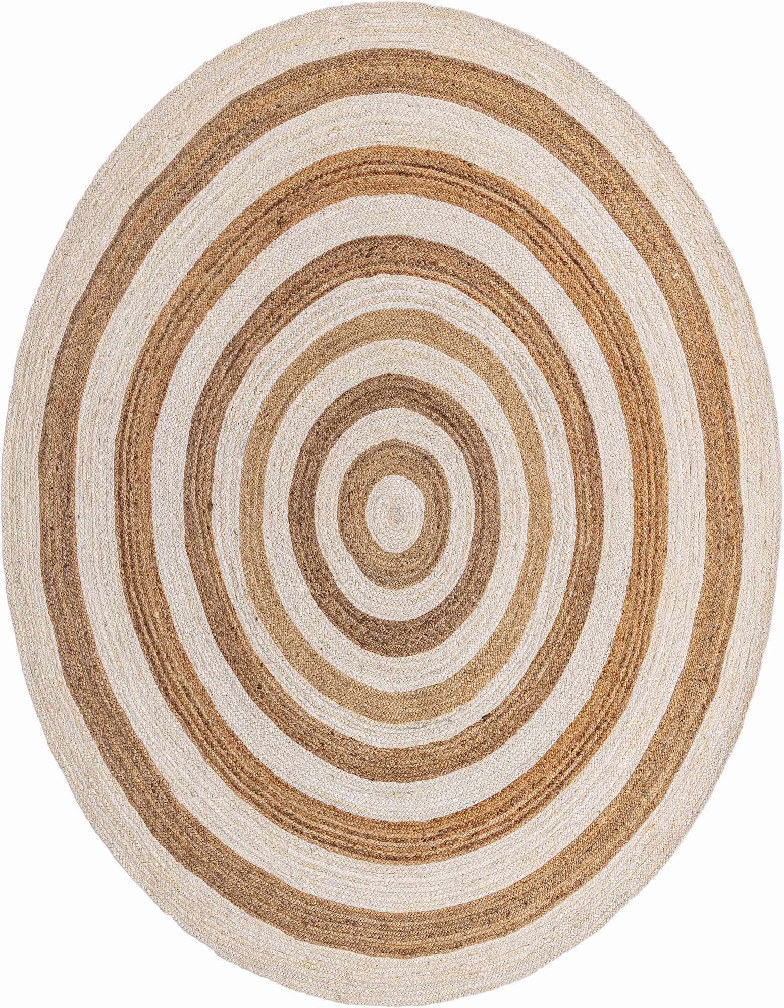 A 10-foot round Braided Jute rug with alternating concentric circles of natural white and brown jute.