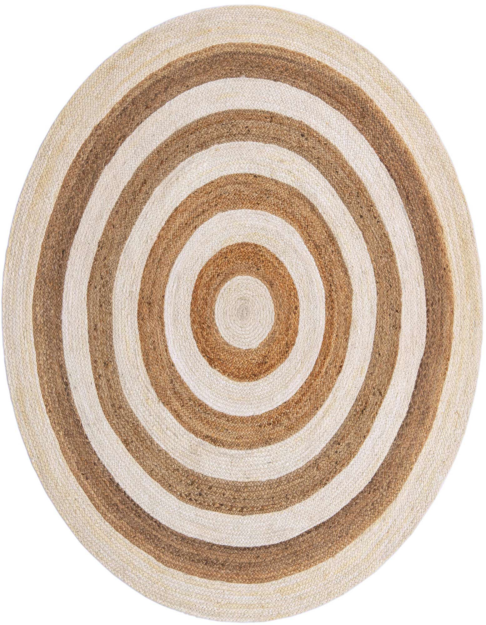 A round 7' 1 x 7' 1 Braided Jute rug with alternating concentric circles of natural white and brown jute.