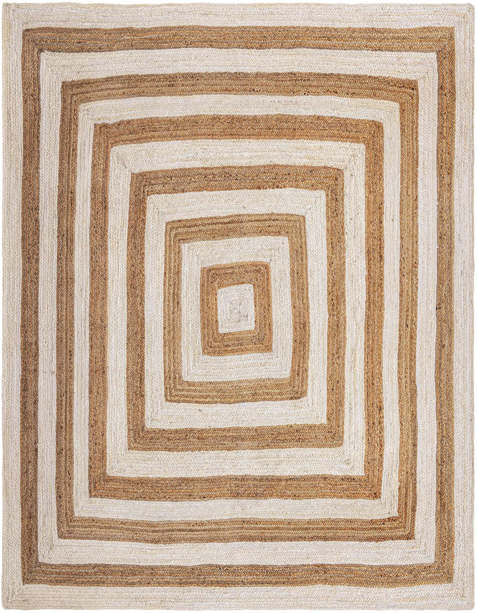 A square 10' 0 x 10' 0 natural jute rug with alternating white and natural brown concentric square stripes.