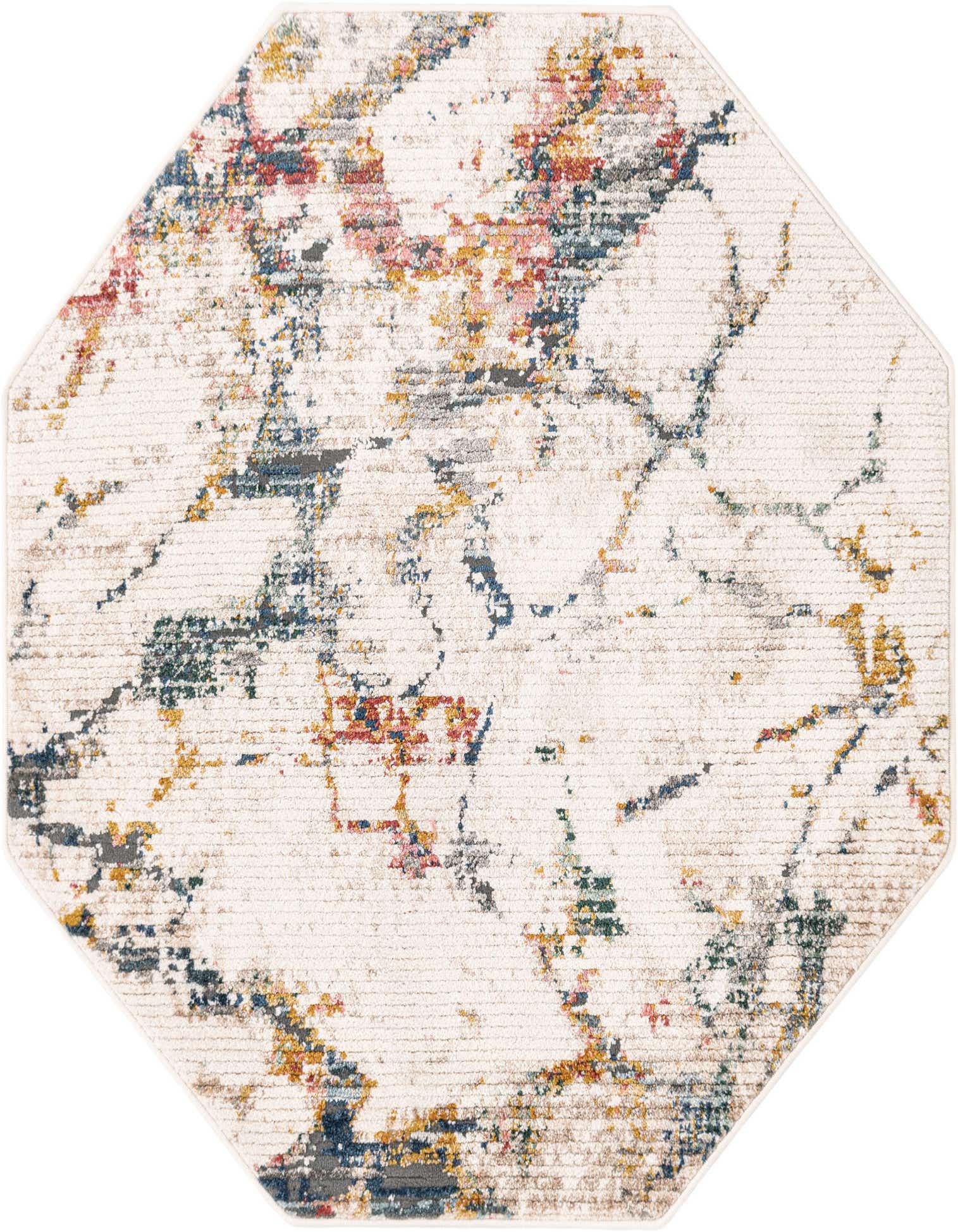 Octagon-shaped white and navy modern abstract rug with distressed red and gold accents, suitable for an indoor patio.