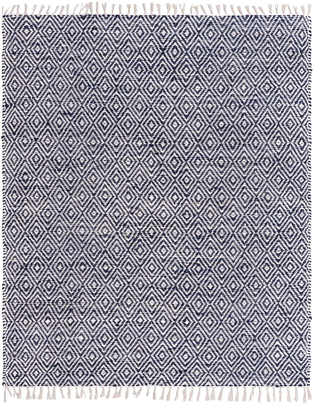 A 6x9 rectangular white and navy area rug with a diamond pattern and fringed edges, made from jute and cotton.