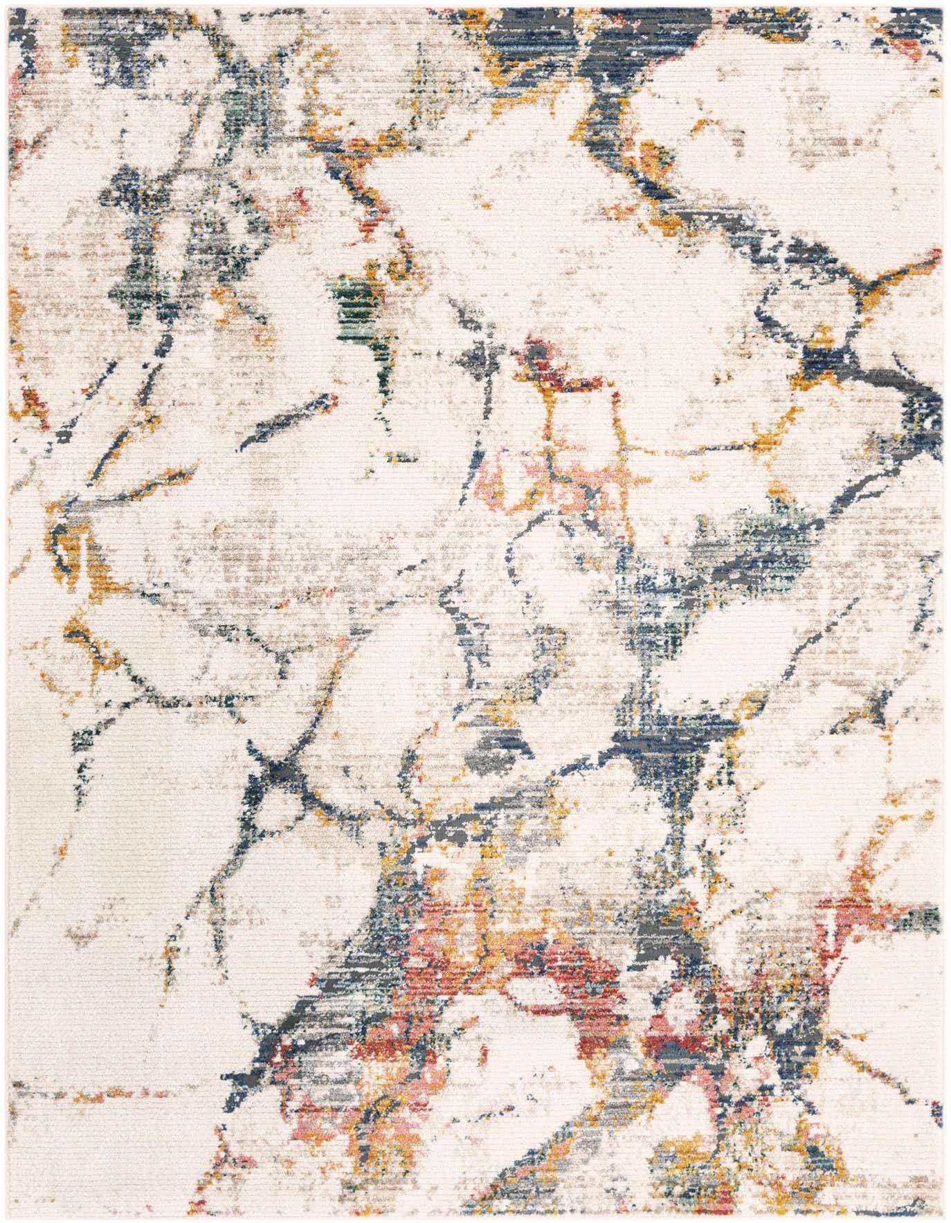 A 6x9 rectangular Rugs.com Gemstone rug featuring a modern abstract pattern in white, navy, and multi-color tones.