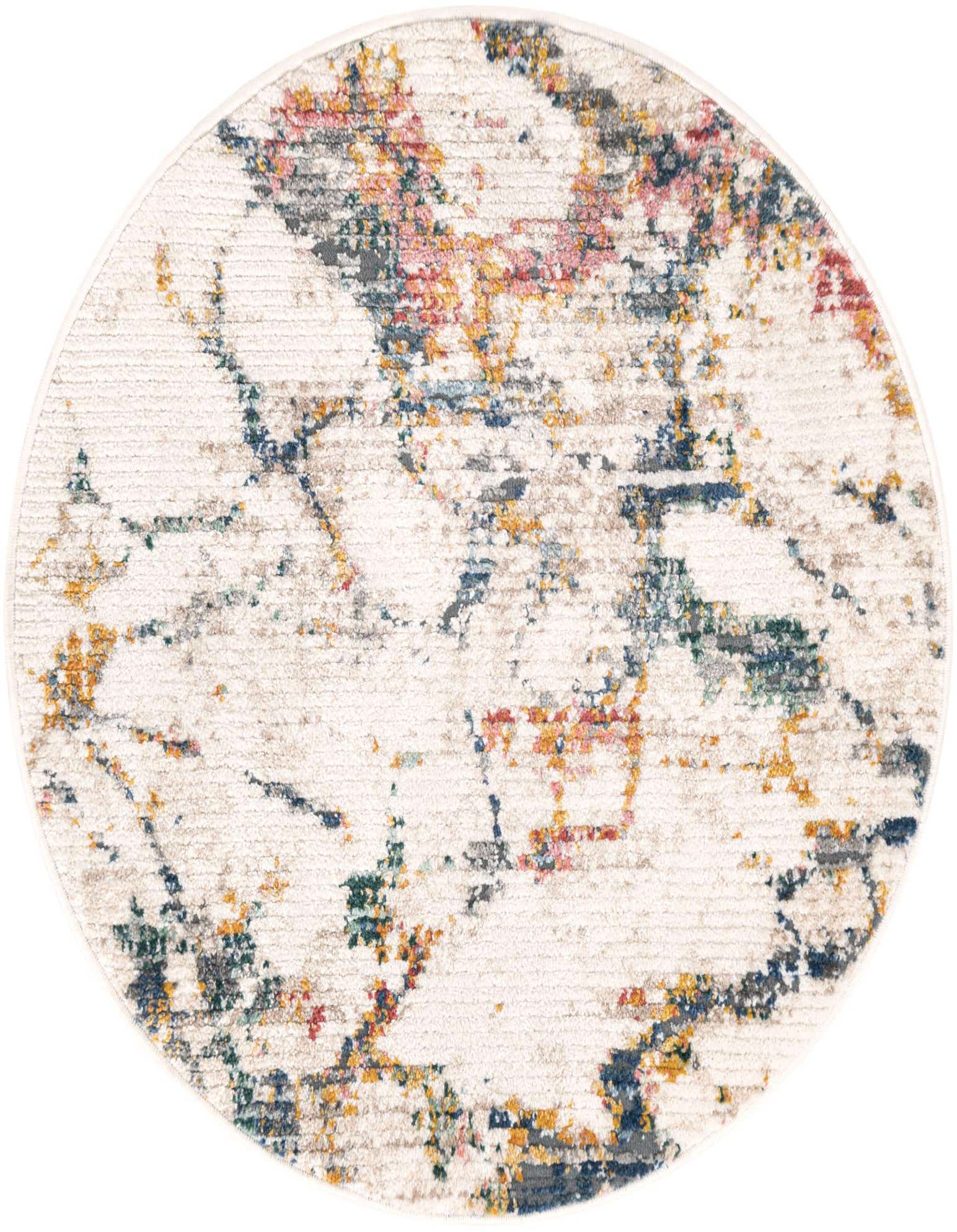 A round, 3' 3 x 3' 3 white and navy modern abstract rug with colorful accents, ideal for a patio.