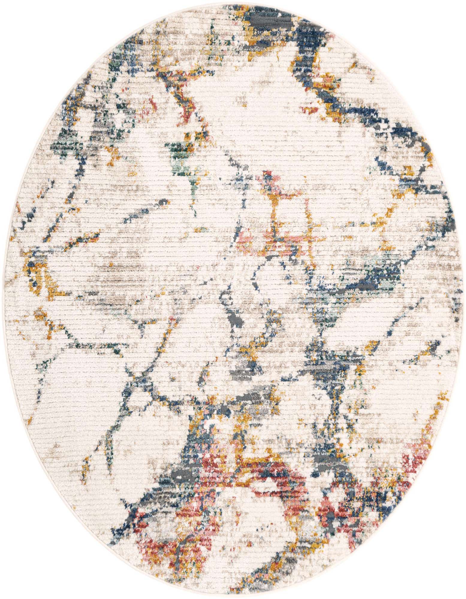 A 5' 3 round white and navy modern abstract rug with distressed red, gold, and blue accents.