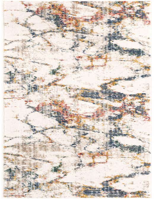 A white and navy modern abstract runner rug with accents of orange, yellow, and green, ideal for a hallway or kitchen.