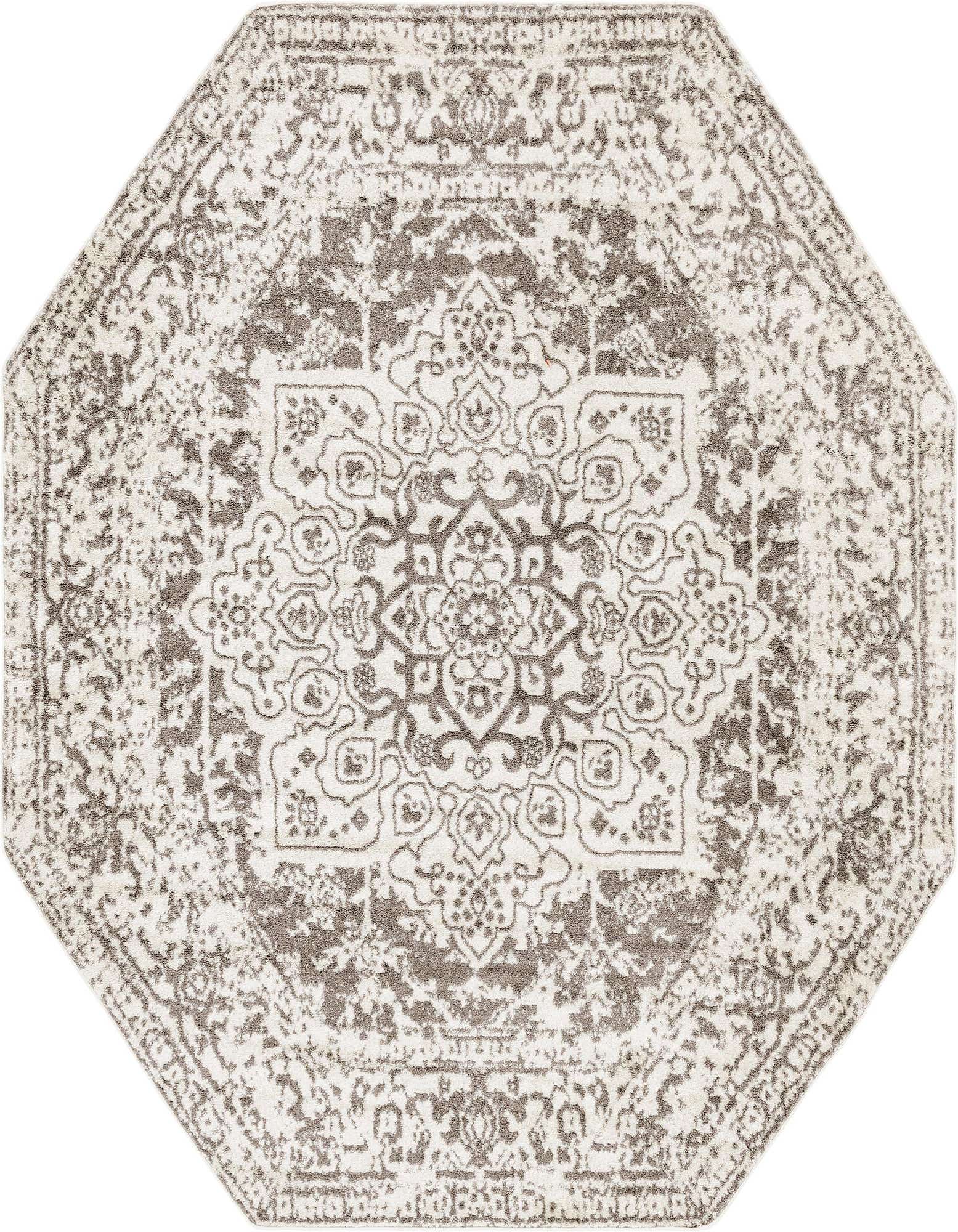 An octagon-shaped white and gray traditional medallion rug, featuring a distressed vintage pattern.