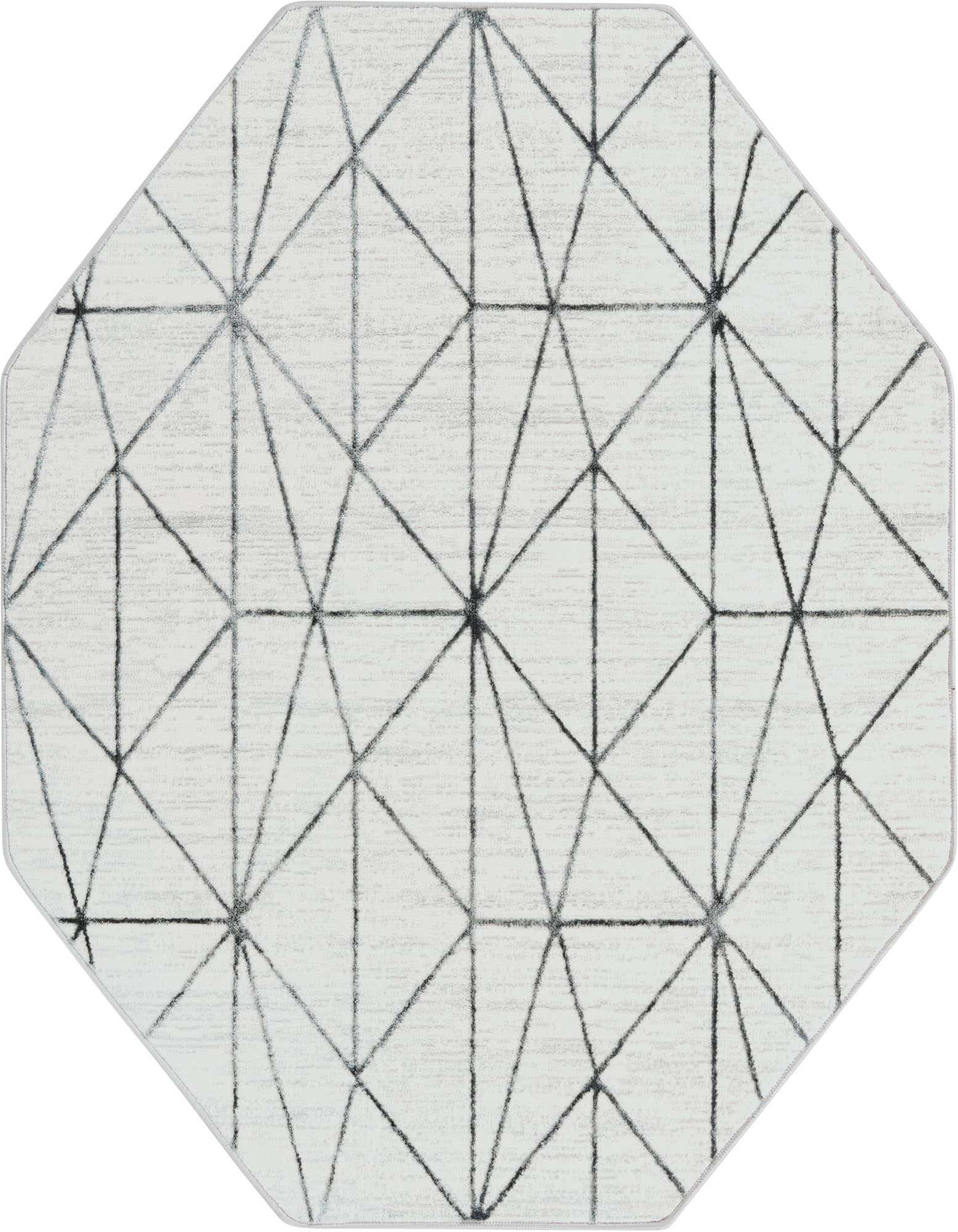 White octagon rug with a modern black geometric trellis pattern, featuring a textured pile.